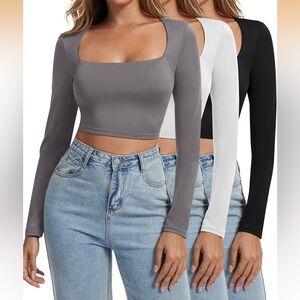 3 piece set:Stylish Women's Long Sleeve square neck crop tops